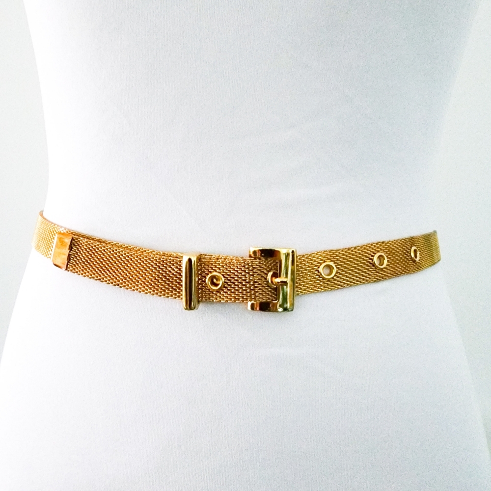 Y2K mesh belt yellow gold tone adjustable length buckle